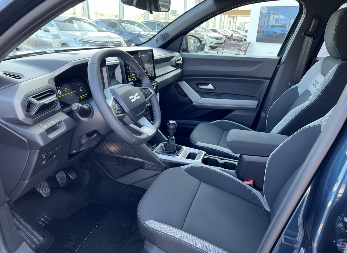 Dacia Innenraum mit Lederlenkrad, Infotainment-Display und Schaltgetriebe in modernem SUV