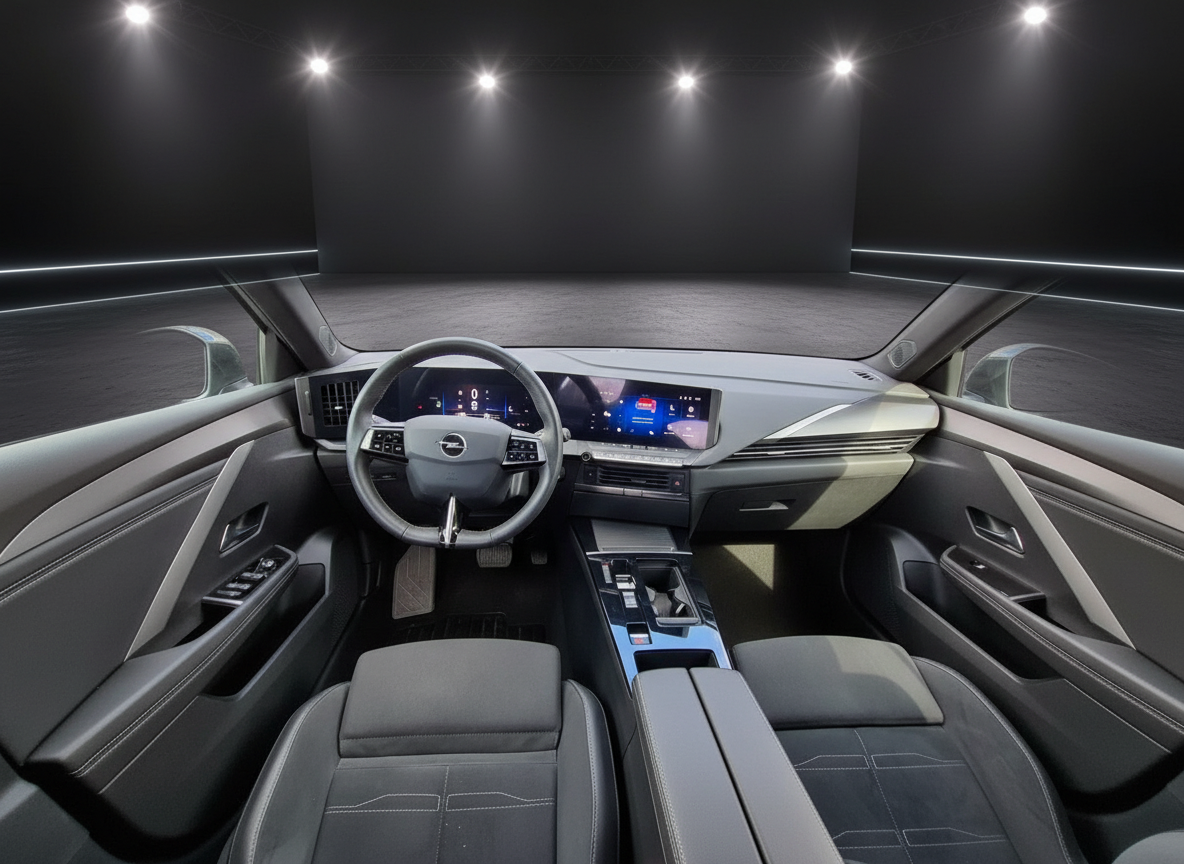 Opel Innenraum mit modernem Cockpit, digitalem Kombiinstrument und Touchscreen-Infotainmentsystem