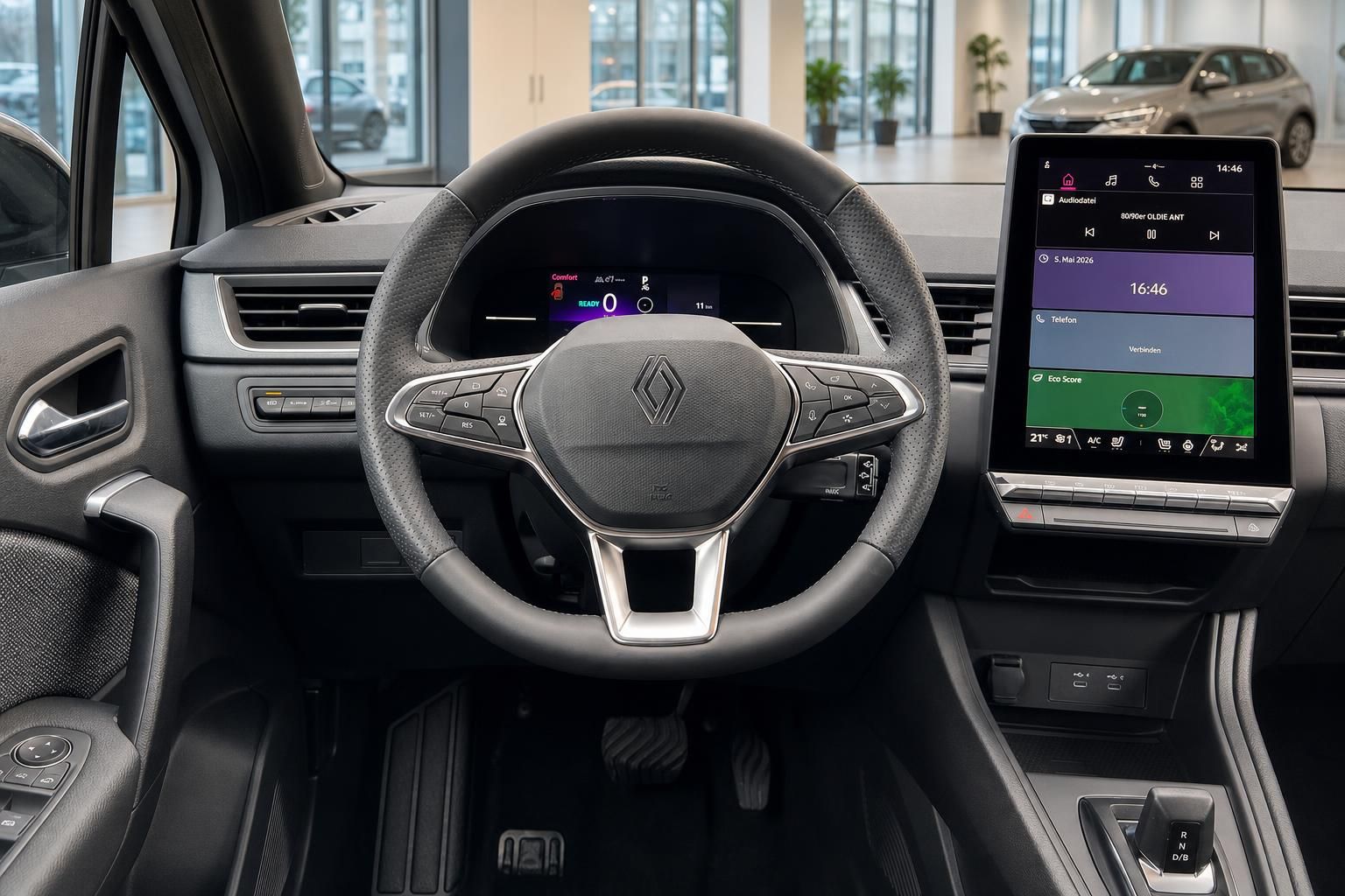 Cockpit mit Lenkrad und Touchscreen-Display - modernes Fahrzeuginterieur