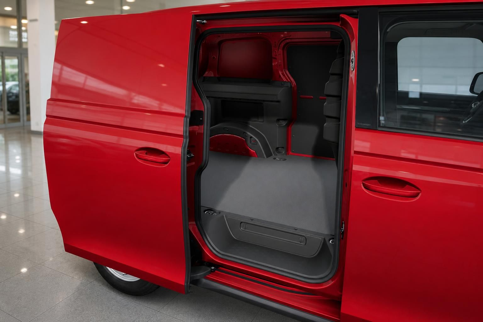 Roter VW Transporter mit geöffneter Schiebetür – Blick auf Laderaum und Ladeboden im Autohaus