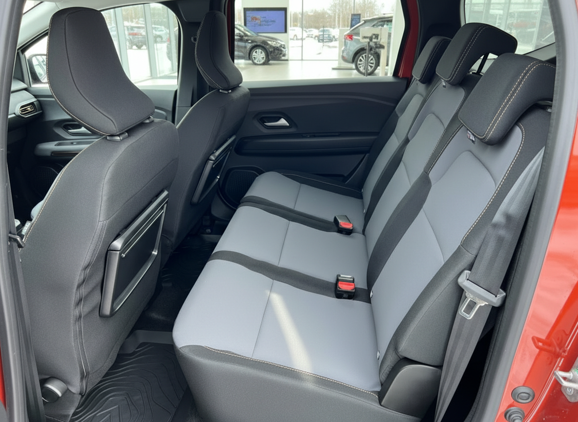 Rücksitzbank mit grau-schwarzen Stoffsitzen im Innenraum eines Dacia Fahrzeugs im Autohaus