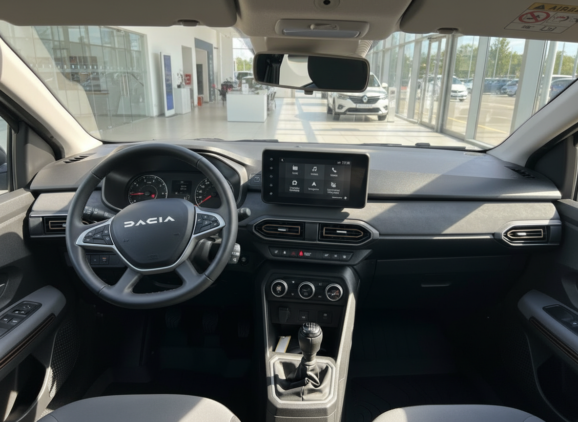 Dacia Innenraum Cockpit mit Lenkrad, Touchscreen-Display und Schaltgetriebe im Autohaus
