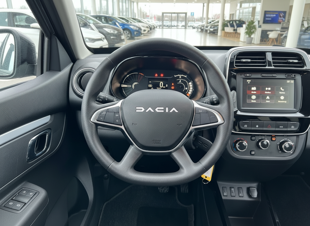 Dacia Innenraum Cockpit mit Lenkrad, Tacho und Infotainment-Display im Autohaus