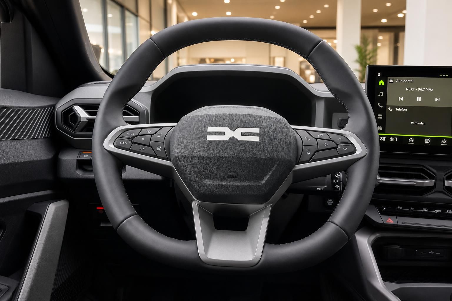 Auto Cockpit mit Lenkrad und Infotainment-System im modernen Design