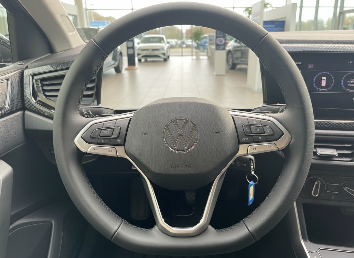 Volkswagen Innenraum Lenkrad mit VW-Logo und Multifunktionstasten im Autohaus