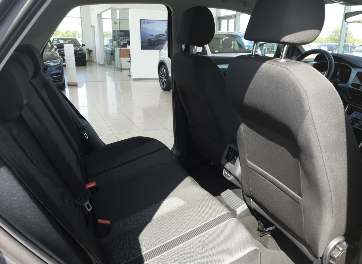 Volkswagen Innenraum Rücksitzbank mit schwarzen Stoffsitzen im VW Autohaus