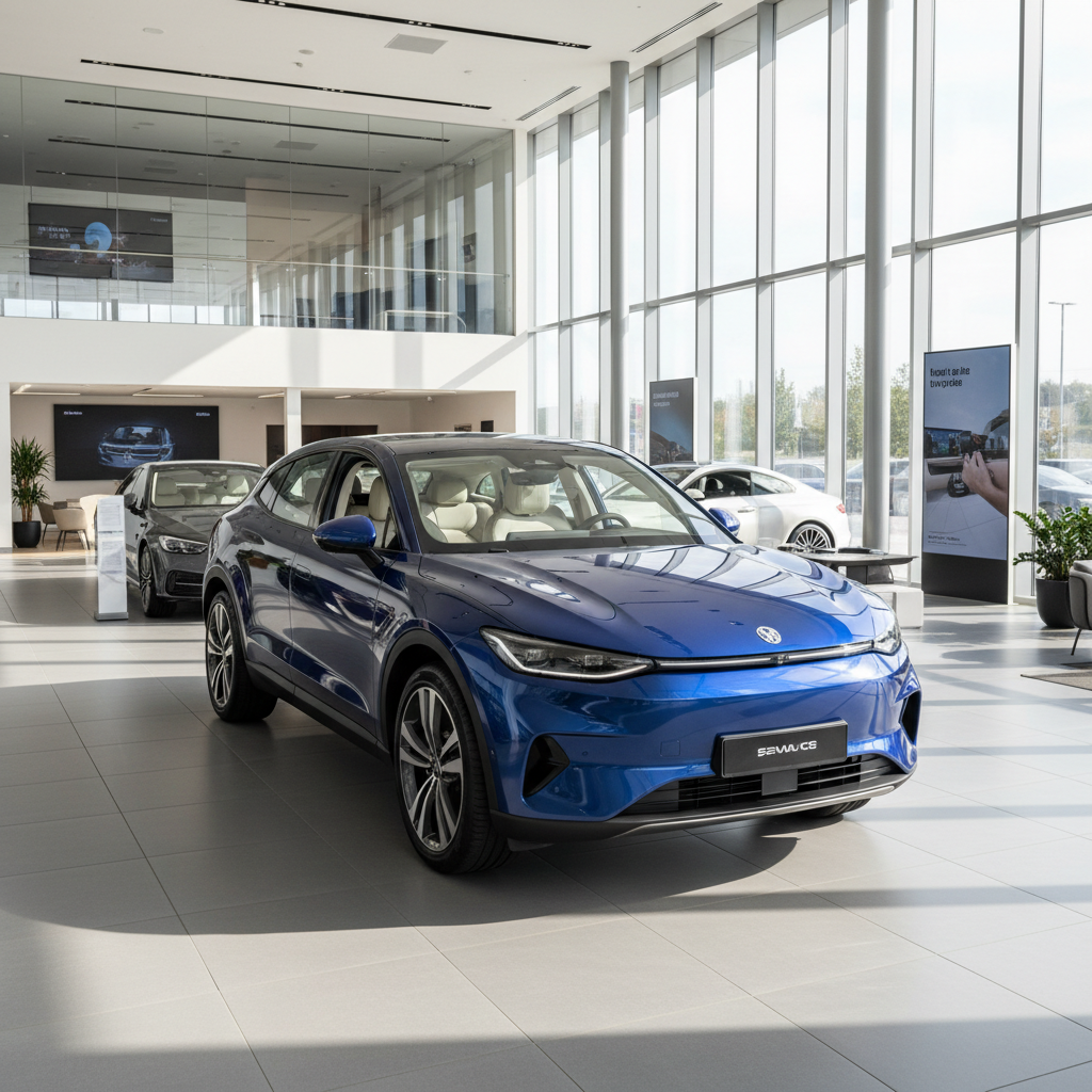 Blauer SUV-Crossover in modernem Autohaus-Showroom mit heller Glasfassade