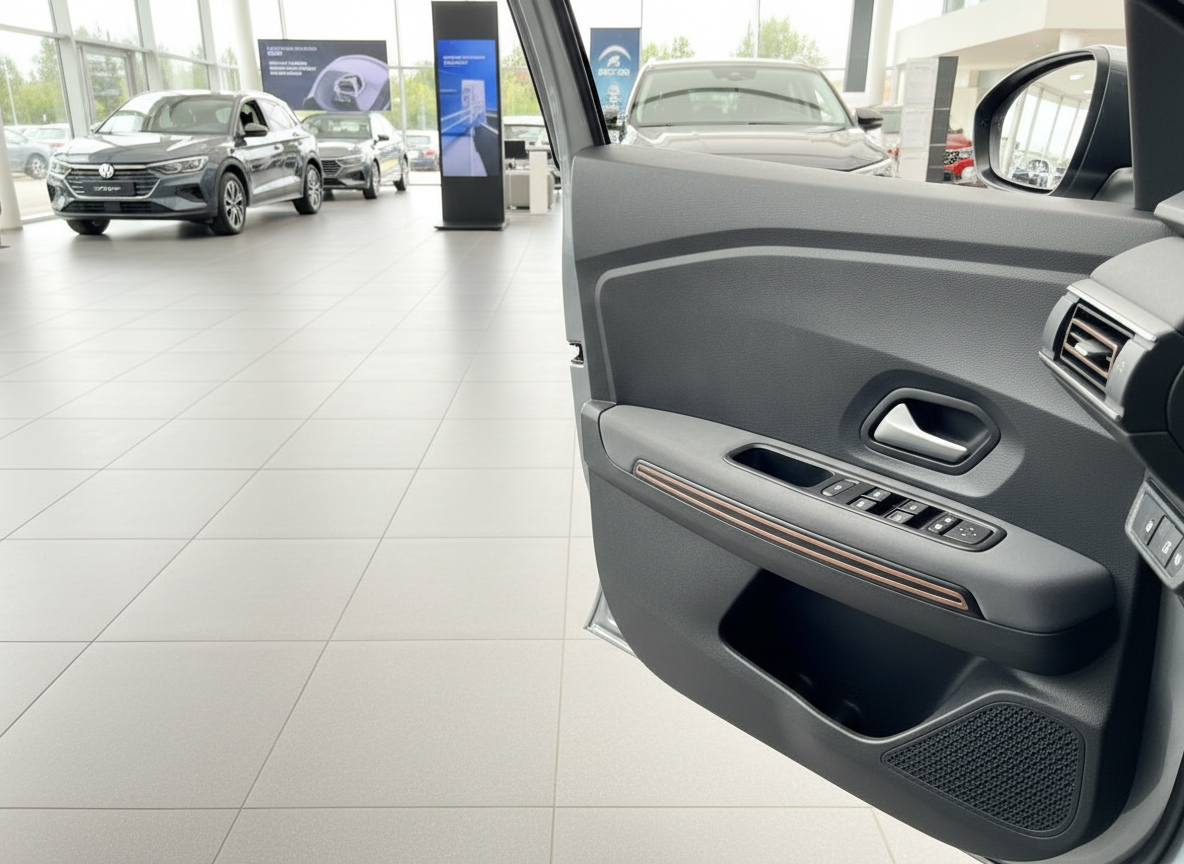 VW Fahrzeug Innenraum Fahrertür mit Fensterheber und Zierleisten im Autohaus Showroom