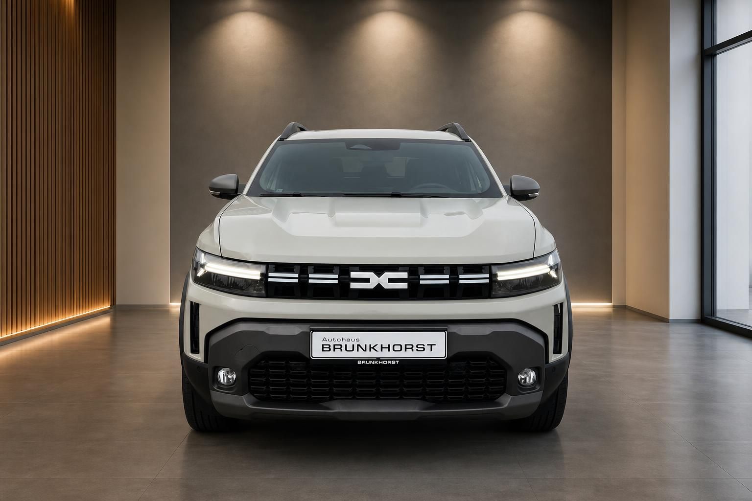 Frontansicht des weißen Dacia Duster mit charakteristischem Kühlergrill und LED-Scheinwerfern