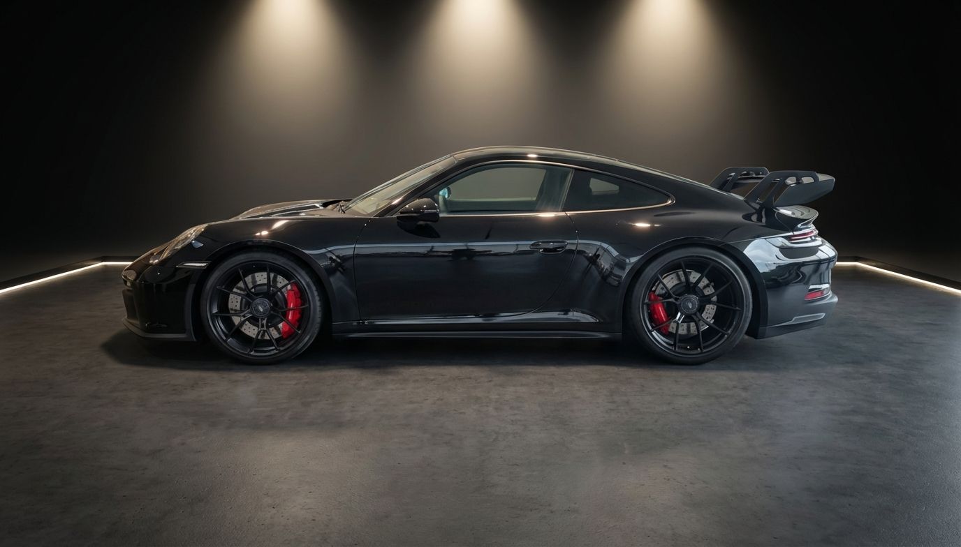 Schwarzer Porsche 911 GT3 Seitenansicht im Showroom mit roten Bremssätteln