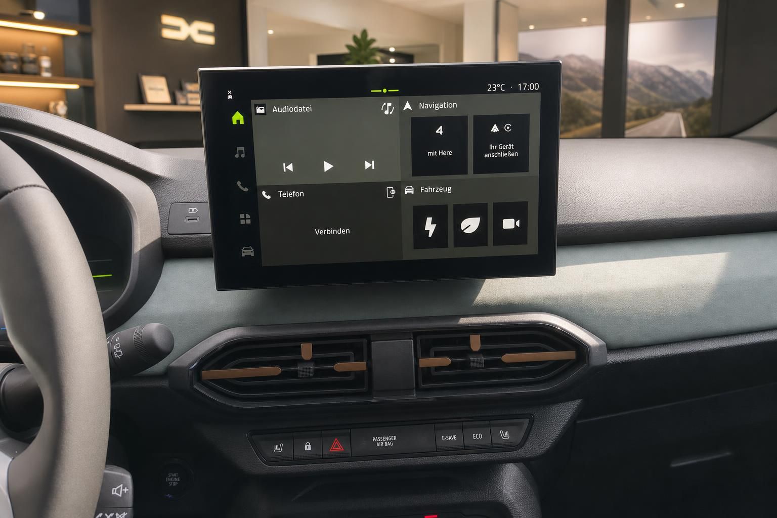 Touchscreen Infotainmentsystem im Dacia Cockpit mit Menüansicht