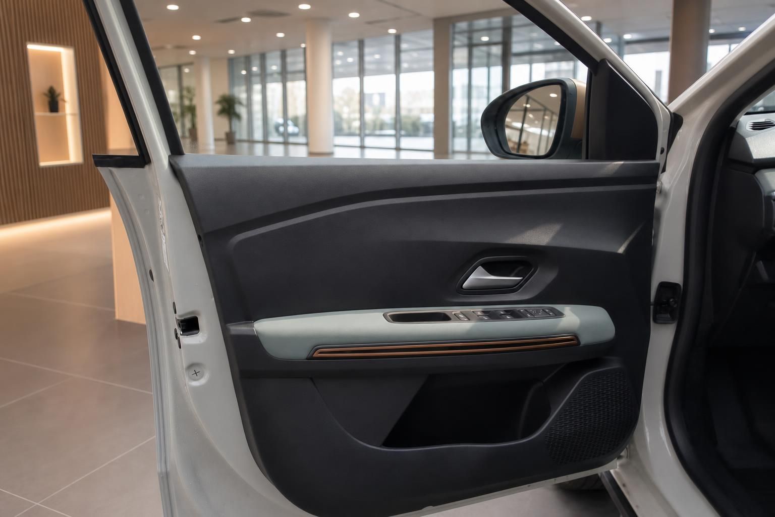 Geöffnete Fahrertür mit Detailansicht der Türverkleidung im Dacia