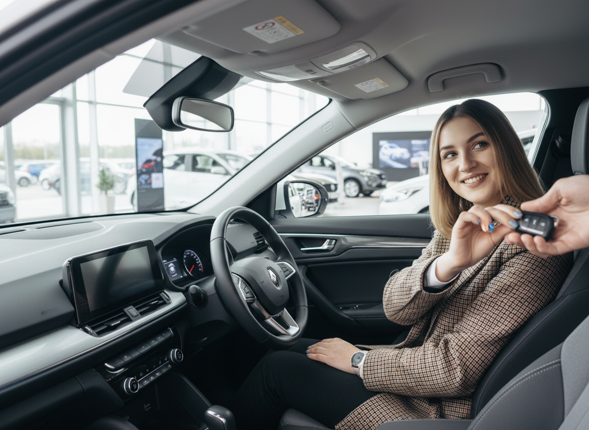 Frau sitzt im Innenraum eines Renault und hält Fahrzeugschlüssel in einem Autohaus