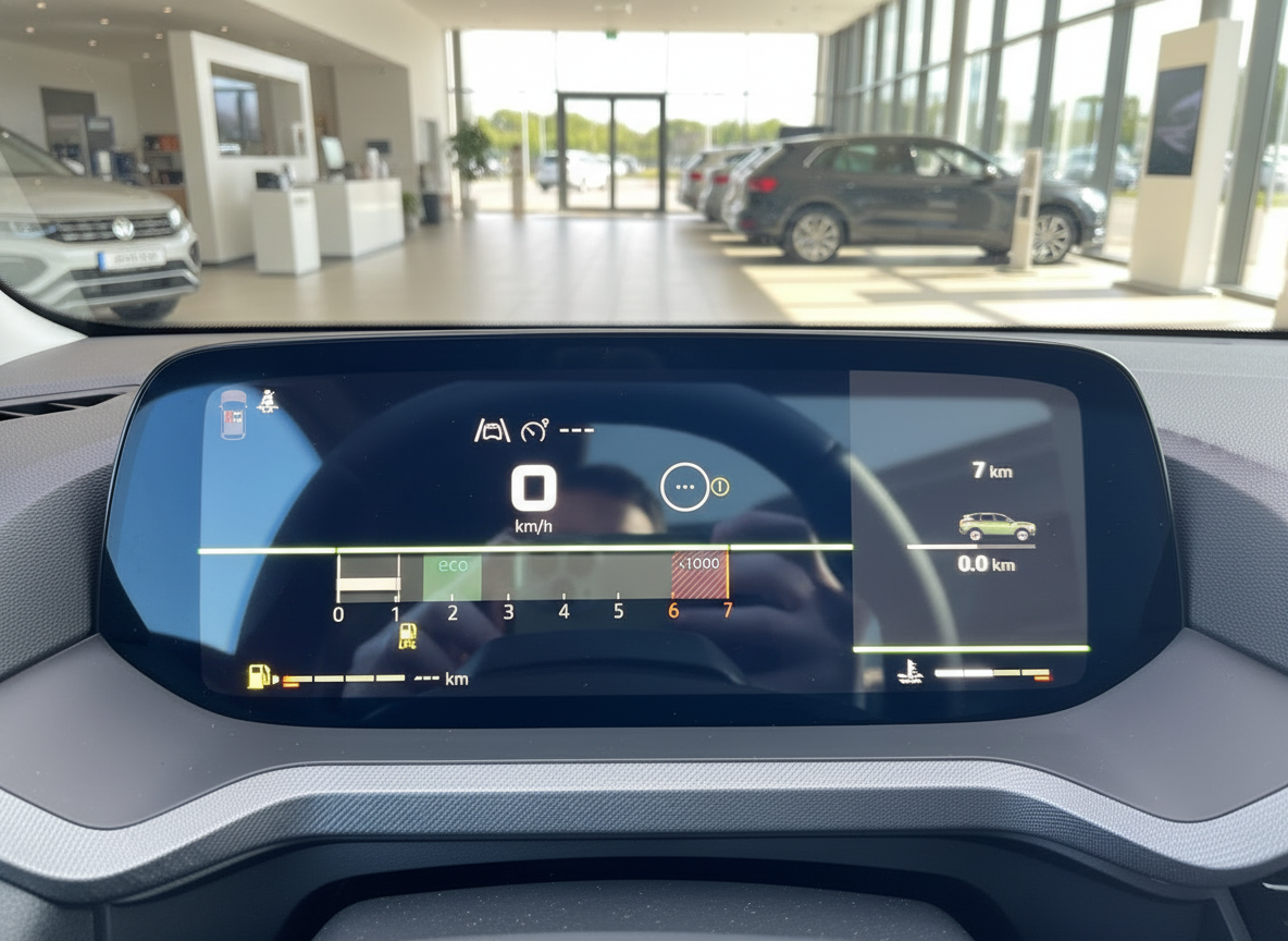 Volkswagen digitales Cockpit Instrumentendisplay mit Tacho und Bordcomputer im Autohaus