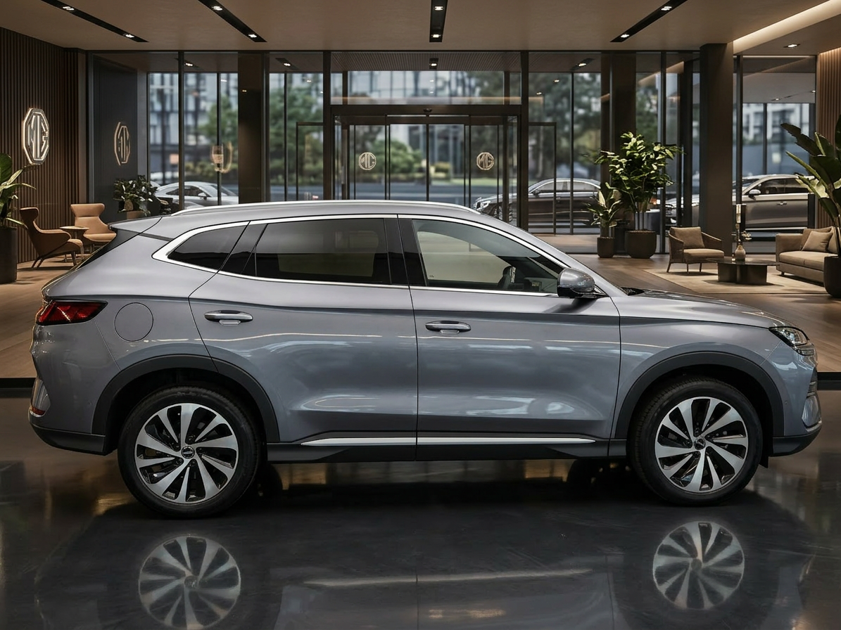 Grauer BYD Tang SUV Seitenansicht vor modernem Industriegebäude