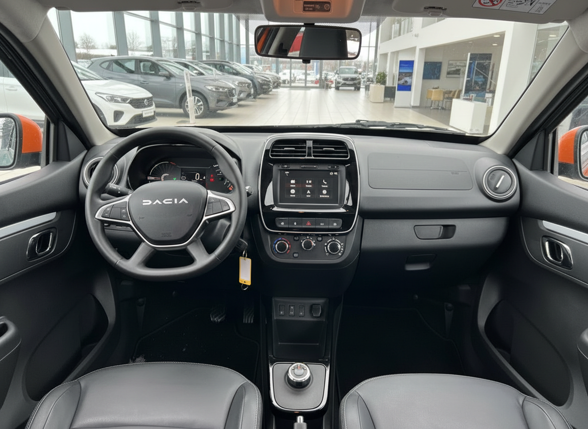 Dacia Innenraum mit Lenkrad, Touchscreen und Schaltgetriebe – modernes Cockpit in grau