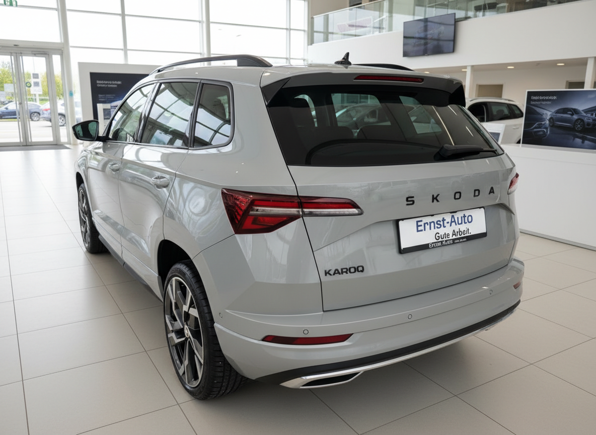 Škoda Karoq SUV in Silber – Heckansicht im Autohaus Ernst-Auto