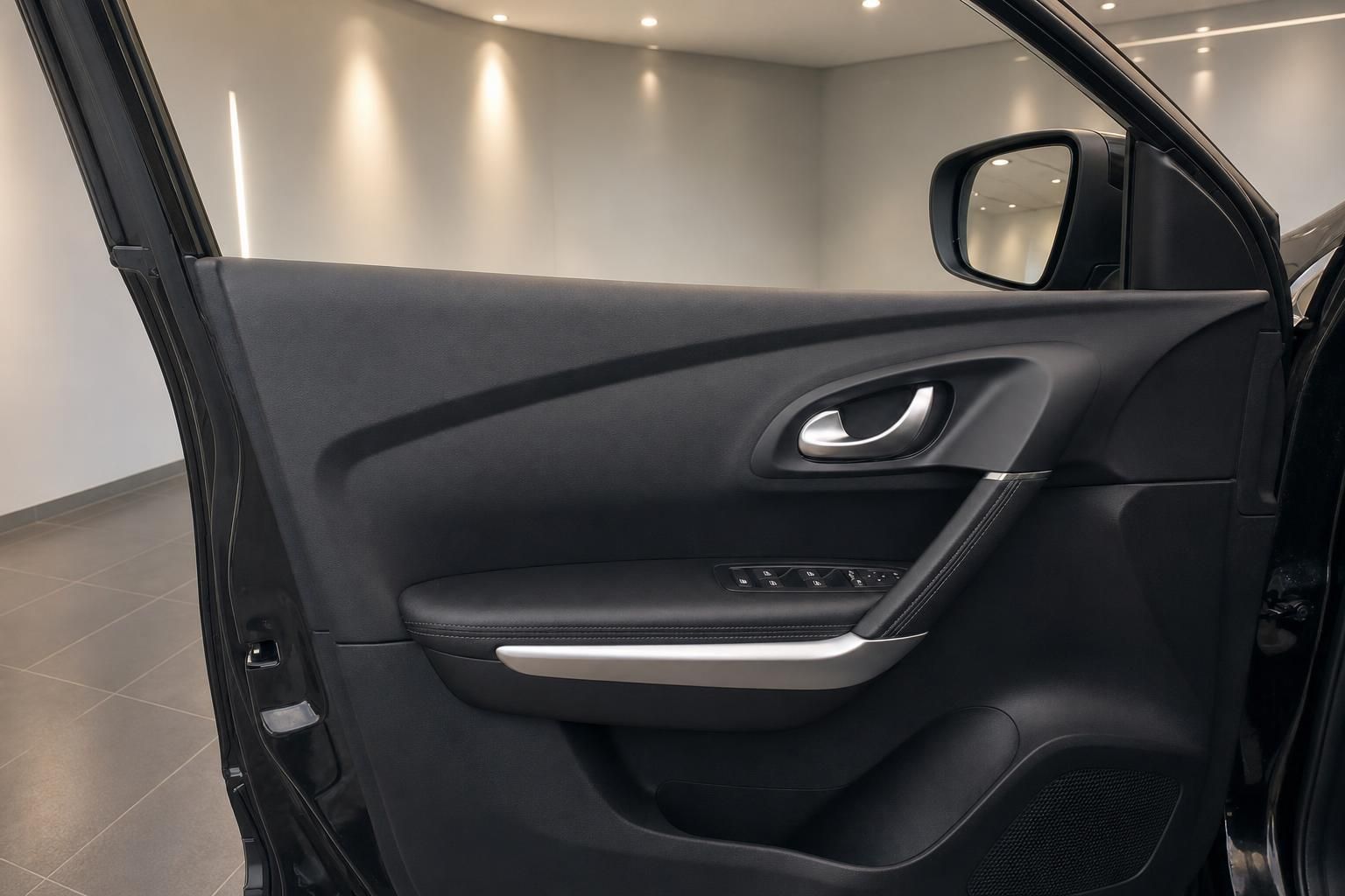 Detailansicht der Fahrertür mit Türverkleidung und Außenspiegel im Renault