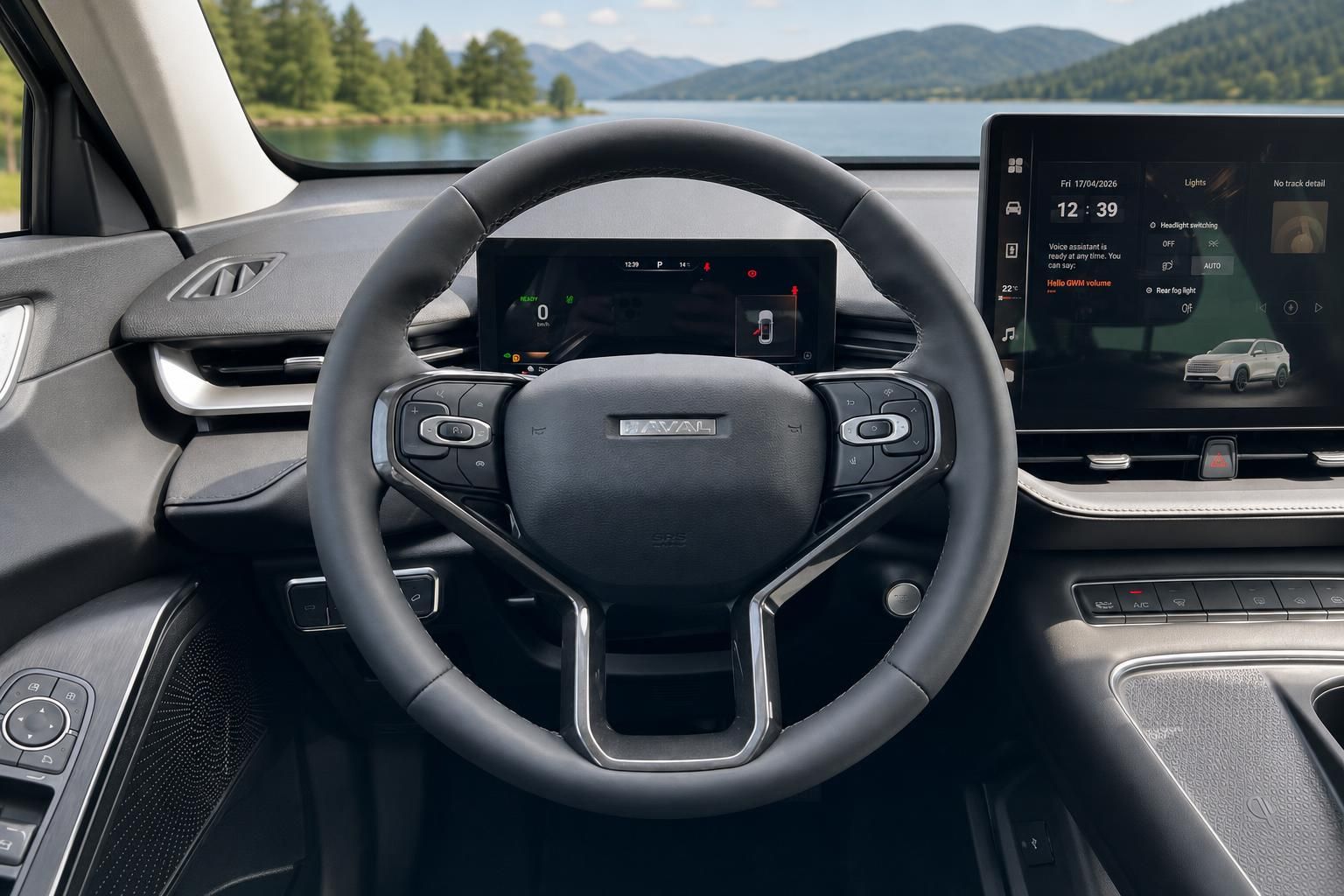 Lenkrad und Armaturenbrett mit digitalen Anzeigen - modernes Cockpit Design