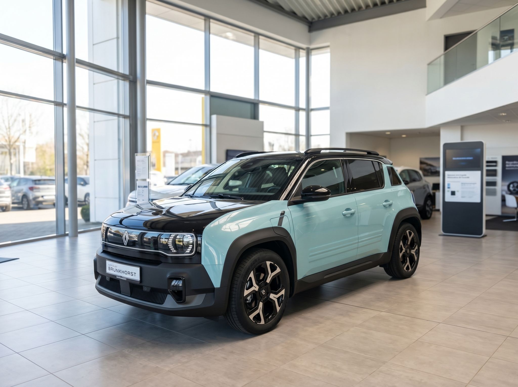 Renault 4 E-Tech Elektro-SUV in mint-grün im Autohaus Brunkhorst Showroom