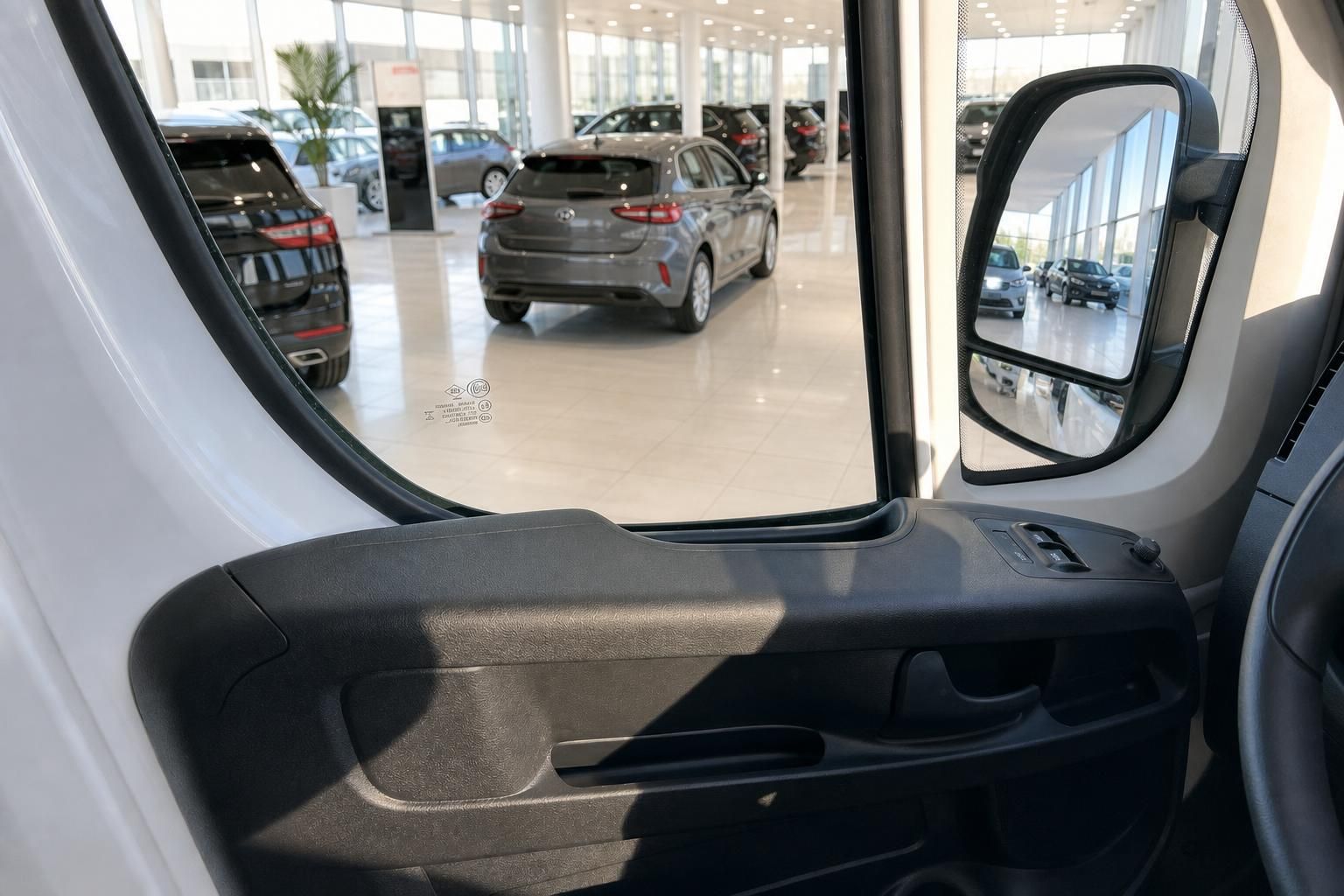 Innenraum Transporter mit Blick auf Außenspiegel und Autohaus im Hintergrund
