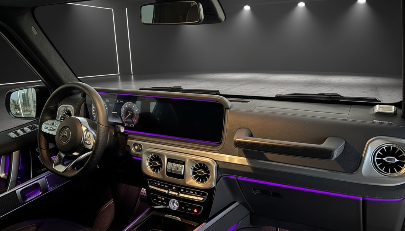Mercedes-Benz G-Klasse Innenraum mit Doppel-Display, Lederausstattung und lila Ambientebeleuchtung