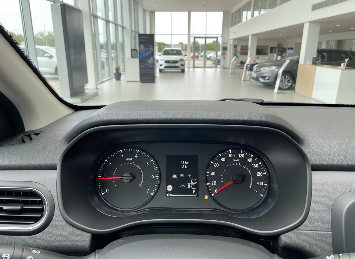 Fahrzeug-Cockpit mit Tacho und Drehzahlmesser in modernem Autohaus-Showroom