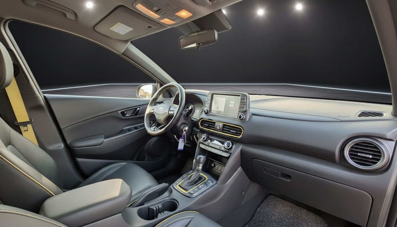 Hyundai Kona Innenraum mit schwarzem Leder, Touchscreen-Navi und gelbem Akzentdesign