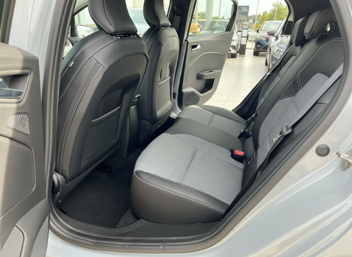 Fahrzeug Innenraum Rücksitzbank mit schwarzen Ledersitzen und grauem Stoffeinsatz in modernem PKW