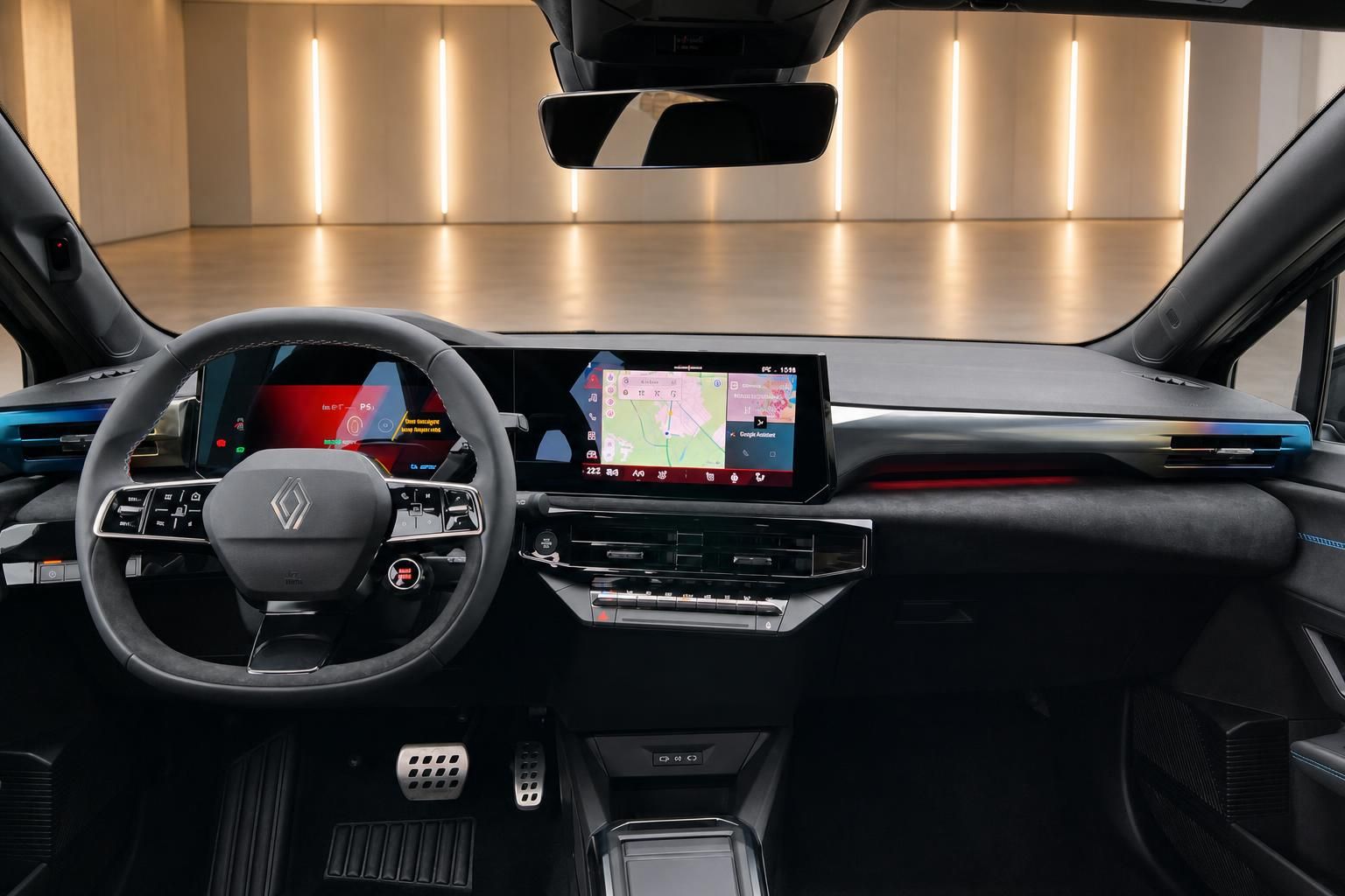 Renault Armaturenbrett mit digitalem Cockpit, Navigationssystem und blauer Ambientebeleuchtung