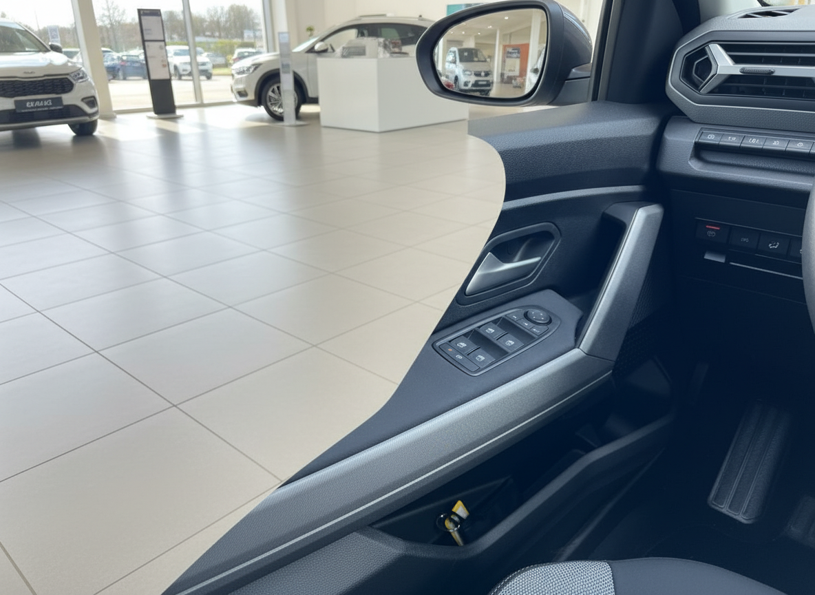 Volkswagen Fahrzeug Innenraum Fahrertür mit Fensterheberschalter und Außenspiegel im Autohaus