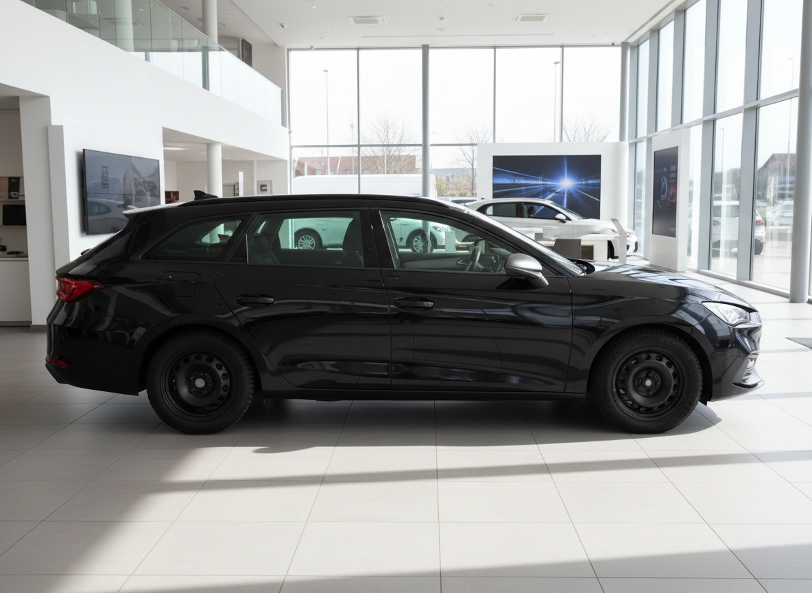 Schwarzer SEAT Leon Kombi (ST) in Autohaus-Ausstellungsraum, Seitenansicht