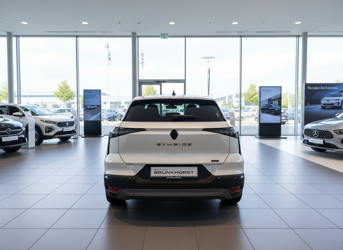 Renault Symbioz in Weiß – Heckansicht im Autohaus Brunkhorst Showroom