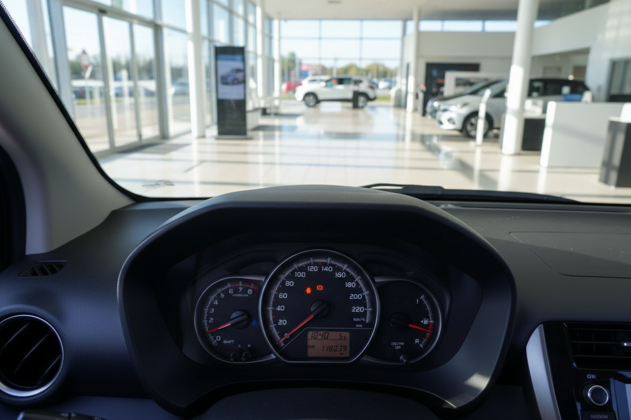 Fahrzeug-Innenraum mit Armaturenbrett und Tacho in modernem Autohaus