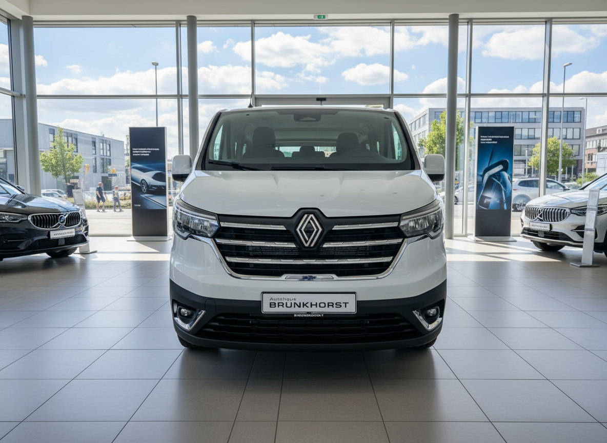 Weißer Renault Trafic Frontansicht im Autohaus Brunkhorst Showroom