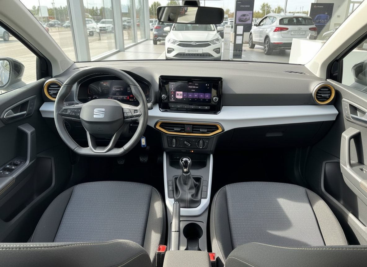 SEAT Ibiza Innenraum mit digitalem Cockpit, Touchscreen und manueller Schaltung
