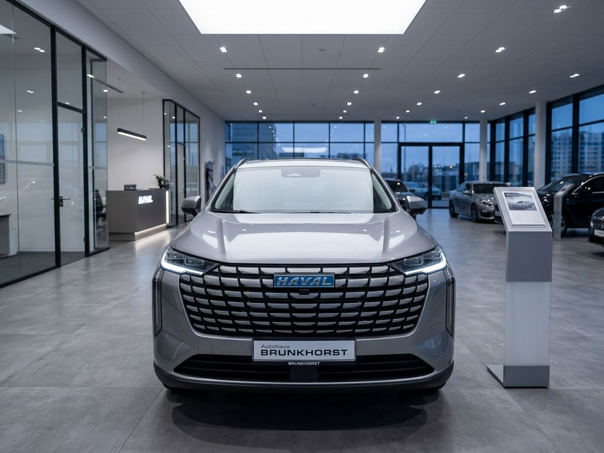 GWM Haval H6 HEV Frontansicht silber im modernen Autohaus-Showroom mit großem Kühlergrill