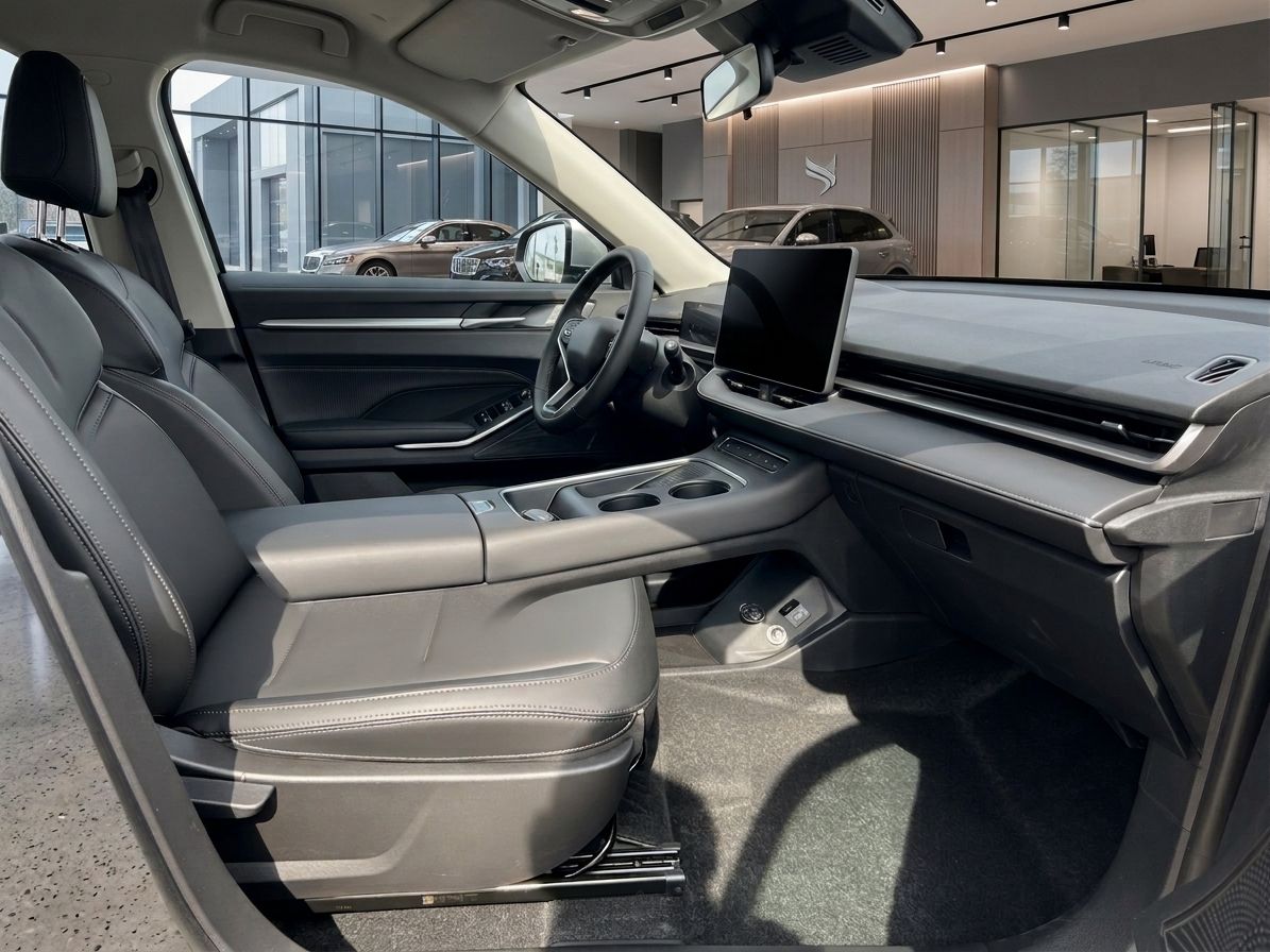 Fahrzeug Innenraum mit grauen Ledersitzen, Mittelkonsole und modernem Dashboard im Autohaus