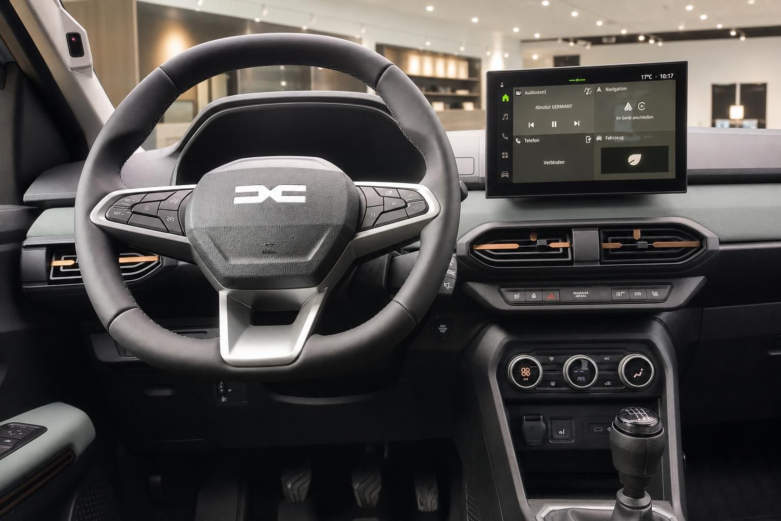 Dacia Cockpit mit Lenkrad, Touchscreen und Schaltknauf im Detail