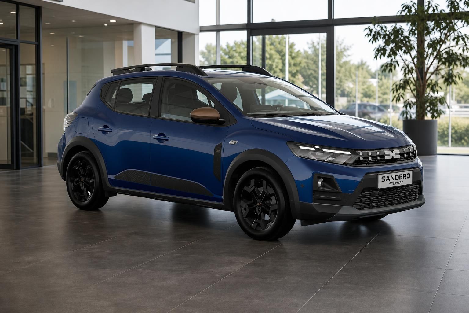 Dacia Sandero Stepway blau in Seitenansicht im Autohaus