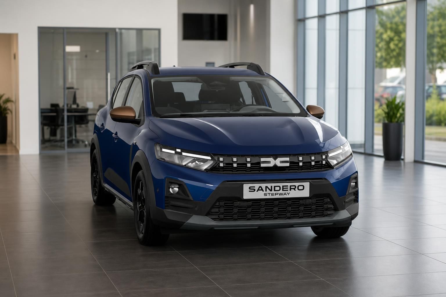 Dacia Sandero Stepway blau Frontansicht im Showroom
