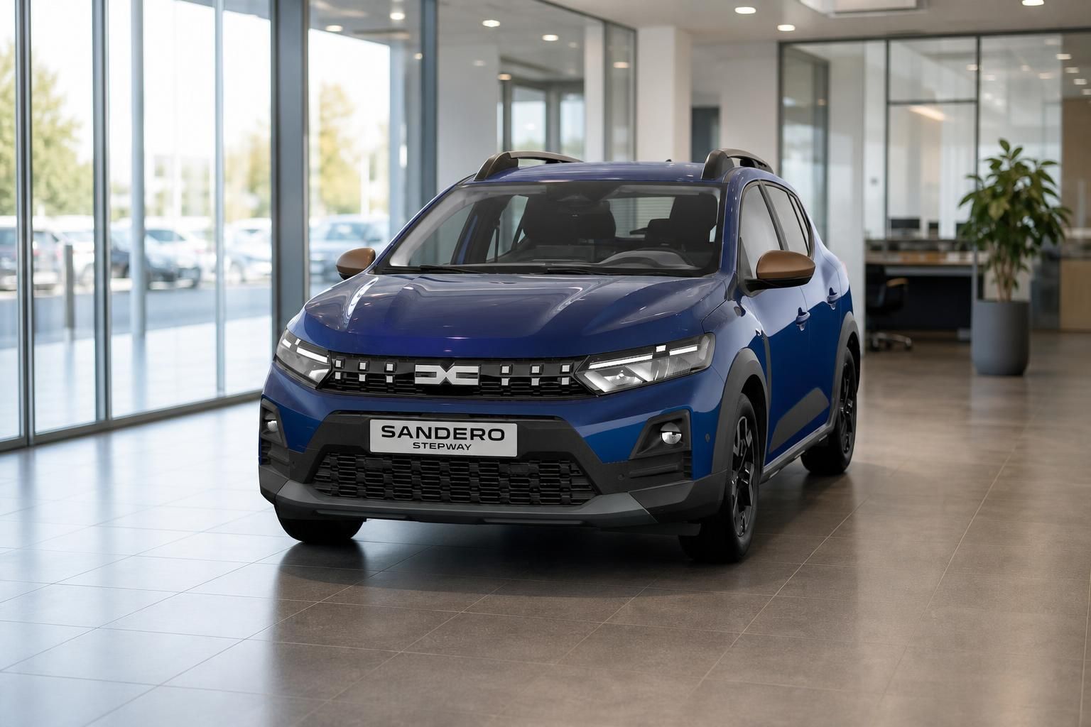 Dacia Sandero Stepway blau Frontansicht im Showroom