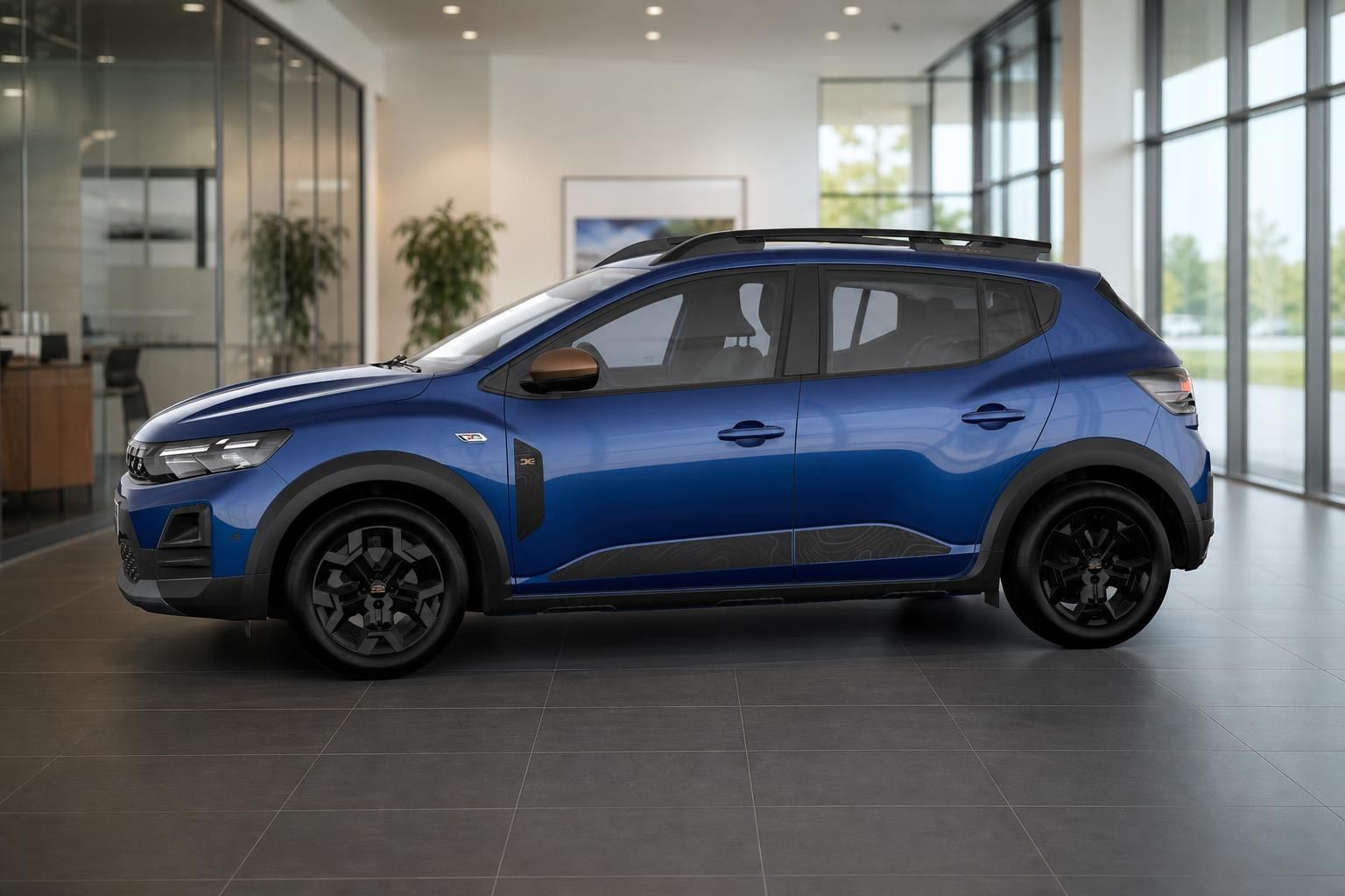 Dacia Sandero Stepway blau Seitenansicht im Showroom