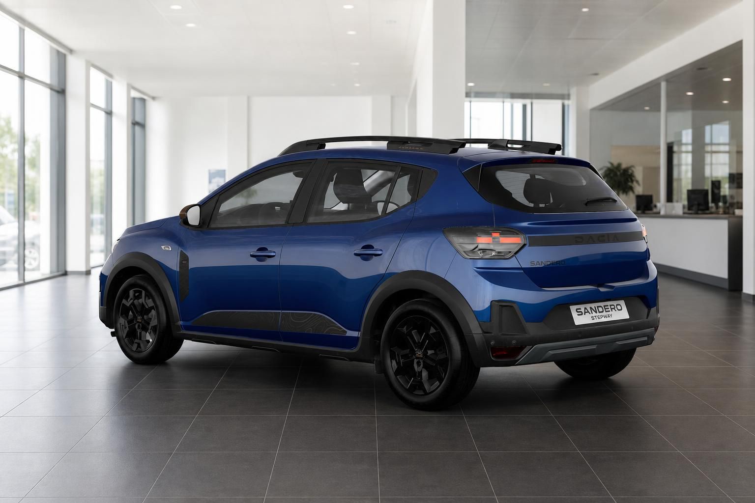 Dacia Sandero Stepway blau Heckansicht seitlich im Autohaus