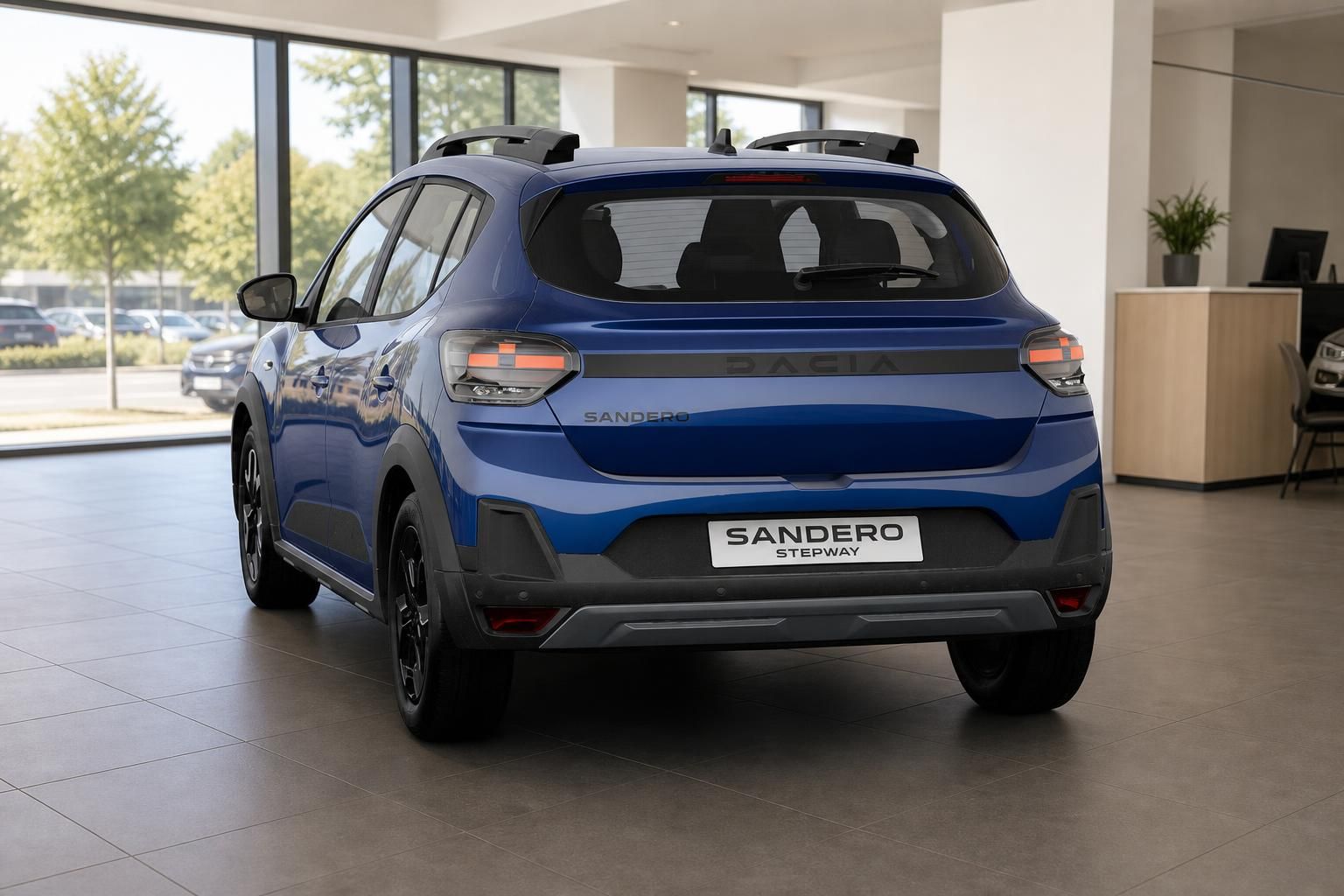 Dacia Sandero Stepway blau Heckansicht im Autohaus