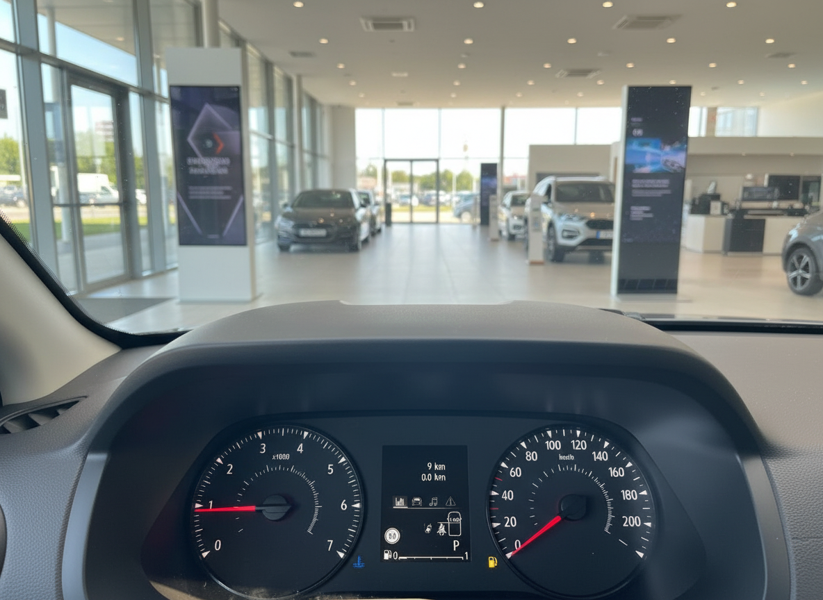 Fahrzeug-Cockpit mit Tacho und Drehzahlmesser, Blick auf Autohaus-Showroom
