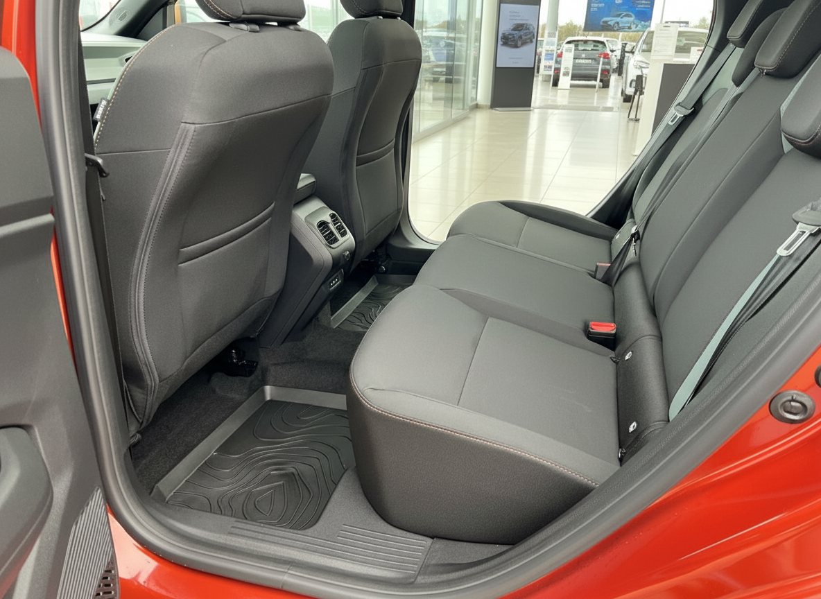 Roter SUV Innenraum Rücksitzbereich mit schwarzen Ledersitzen und Fußmatten im Autohaus