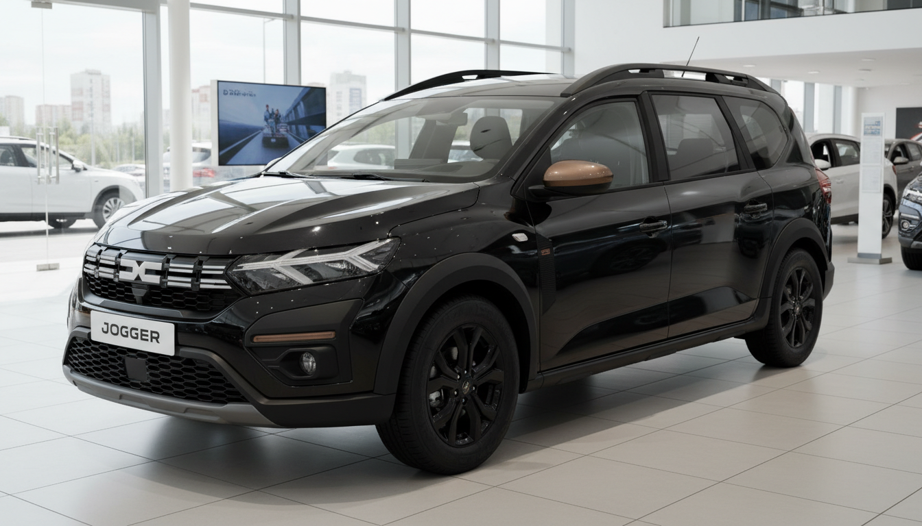 Schwarzer Dacia Jogger Neuwagen im Autohaus Showroom mit schwarzen Felgen und Kupfer-Akzenten