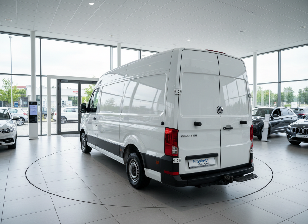 Weißer VW Crafter Kastenwagen Hochdach im Autohaus Showroom, Heckansicht