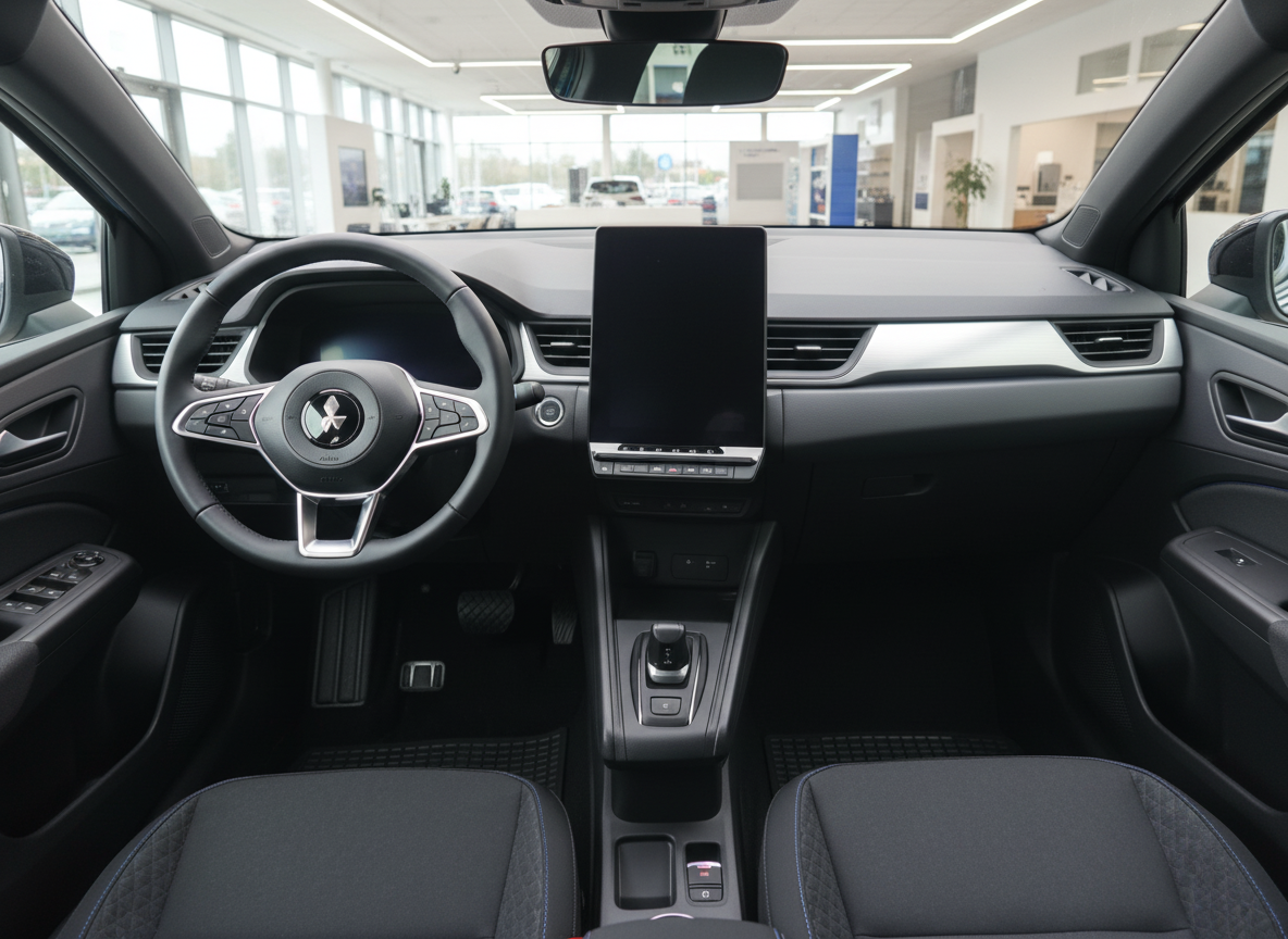 Mitsubishi Fahrzeug Innenraum mit Touchscreen, schwarzem Leder und modernem Cockpit im Autohaus